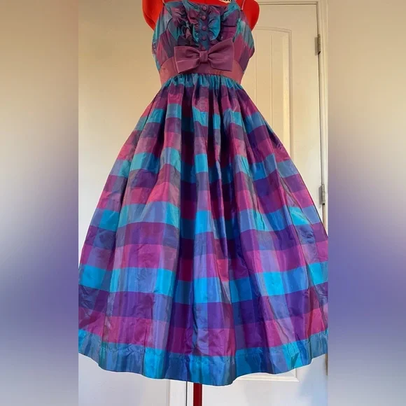 1960s / 1950s VTG Blue Purple Plaid Tuxedo Bodes Fit & Flare Sundress - Picture 8 of 9